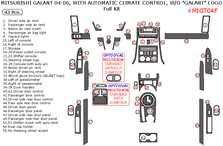 Mitsubishi Galant 2004, 2005, 2006, With Automatic Climate Control, Full Interior Kit, Without "Galant" Logo, 43 Pcs. dash trim kits options
