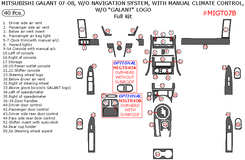 Mitsubishi Galant 2007-2008, W/o Navigation System, With Manual Climate Control, Full Interior Kit, Without "Galant" Logo, 40 Pcs. dash trim kits options