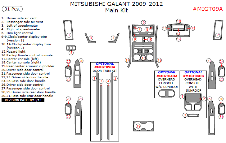 Mitsubishi Galant 2009, 2010, 2011, 2012, Main Interior Kit, 31 Pcs. dash trim kits options