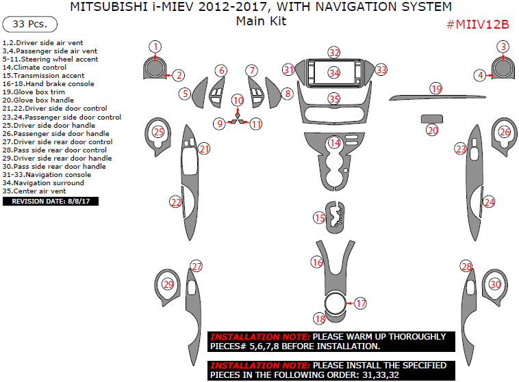 Mitsubishi i-MIEV 2012, 2013, 2014, 2015, 2016, 2017, With Navigation System, Main Interior Kit, 33 Pcs. dash trim kits options