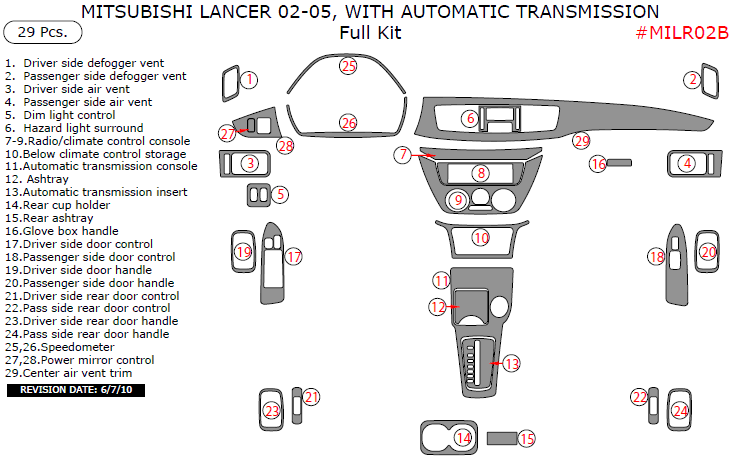 Mitsubishi Lancer 2002, 2003, 2004, 2005, With Automatic Transmission, Full Interior Kit, 29 Pcs. dash trim kits options