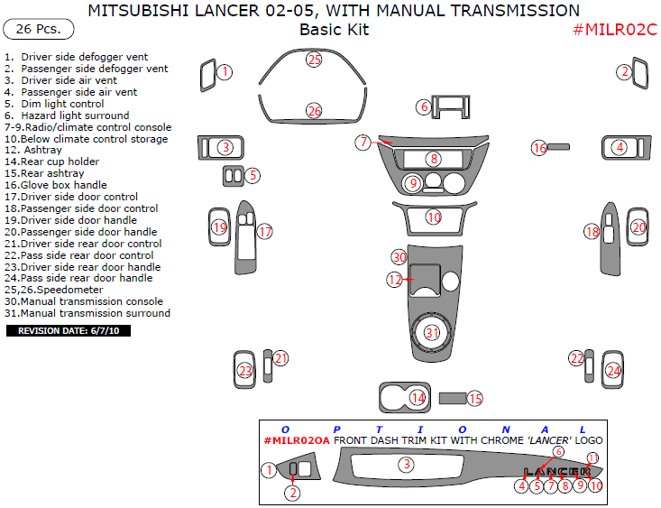 Mitsubishi Lancer 2002, 2003, 2004, 2005, With Manual Transmission, Basic Interior Kit, 26 Pcs. dash trim kits options