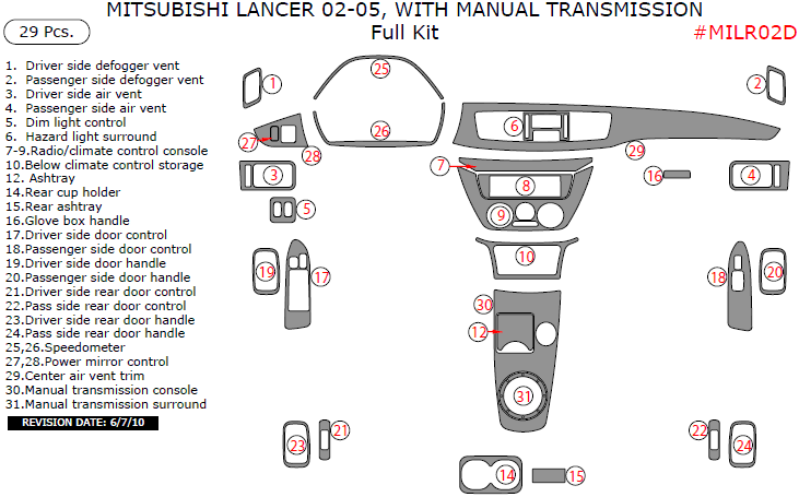 Mitsubishi Lancer 2002, 2003, 2004, 2005, With Manual Transmission, Full Interior Kit, 29 Pcs. dash trim kits options