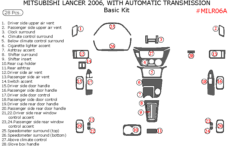 Mitsubishi Lancer 2006, Basic Interior Kit, With Automatic Transmission, 28 Pcs. dash trim kits options