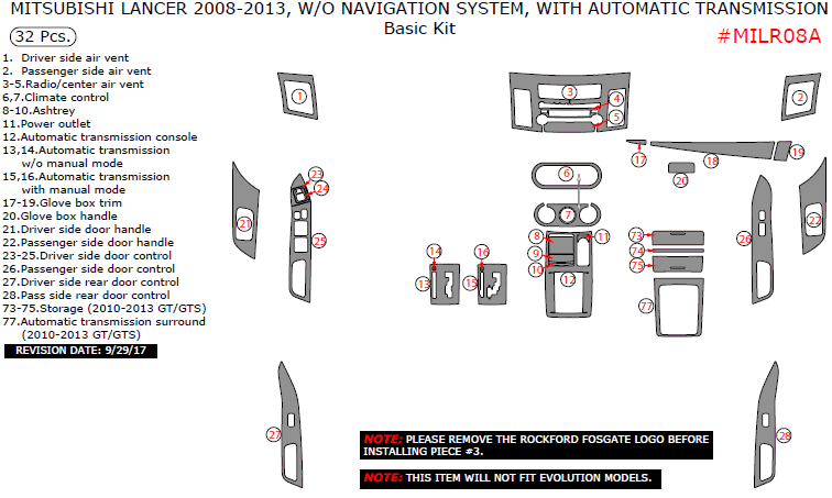 Mitsubishi Lancer 2008, 2009, 2010, 2011, 2012, 2013, Without Navigation System, With Automatic Transmission, Basic Interior Kit, 32 Pcs. dash trim kits options