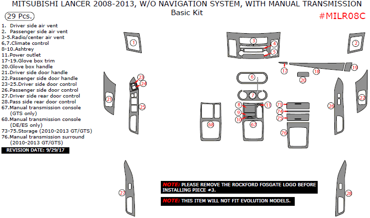 Mitsubishi Lancer 2008, 2009, 2010, 2011, 2012, 2013, Without Navigation System, With Manual Transmission, Basic Interior Kit, 29 Pcs. dash trim kits options