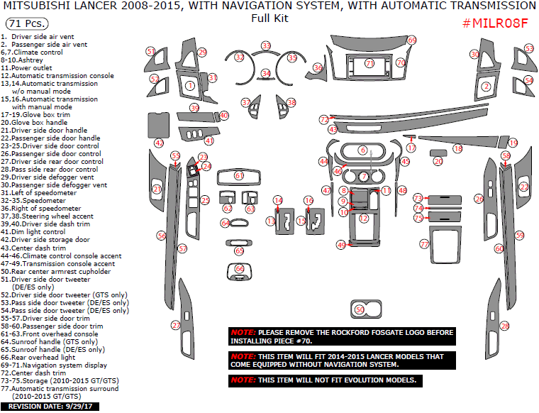Mitsubishi Lancer 2008, 2009, 2010, 2011, 2012, 2013, 2014, 2015, With Navigation System, With Automatic Transmission, Full Interior Kit, 71 Pcs. dash trim kits options
