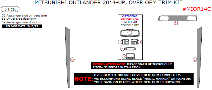 Mitsubishi Outlander 2014, 2015, 2016, Over OEM Interior Trim Kit, 3 Pcs. dash trim kits options