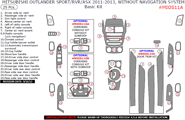 Mitsubishi ASX/Outlander Sport/RVR 2011, 2012, 2013, Without Navigation System, Basic Interior Kit, 25 Pcs. dash trim kits options