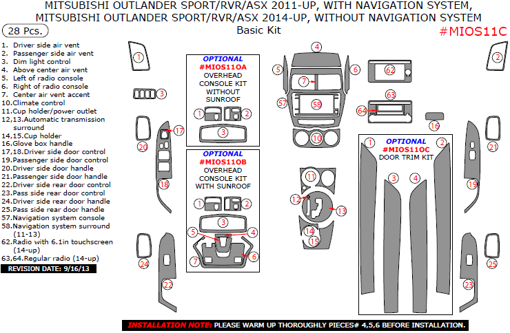 Mitsubishi ASX/Outlander Sport/RVR 2011, 2012, 2013, 2014, 2015, With Navigation System Or Without Navigation System (2014, 2015, 2016), Basic Interior Kit, 28 Pcs. dash trim kits options