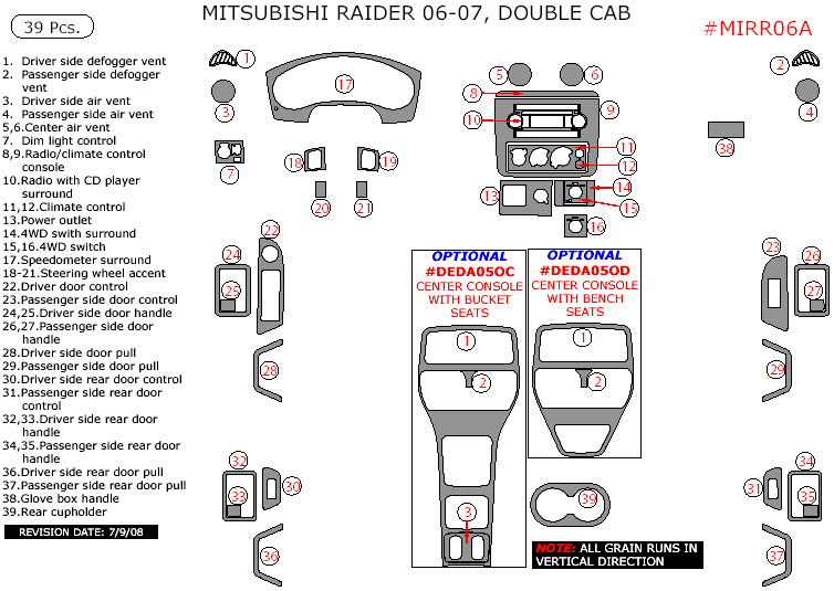 Mitsubishi Raider 2006-2007, Interior Dash Kit, Double Cab, 39 Pcs. dash trim kits options