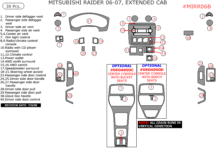 Mitsubishi Raider 2006-2007, Interior Dash Kit, Extended Cab, 30 Pcs. dash trim kits options