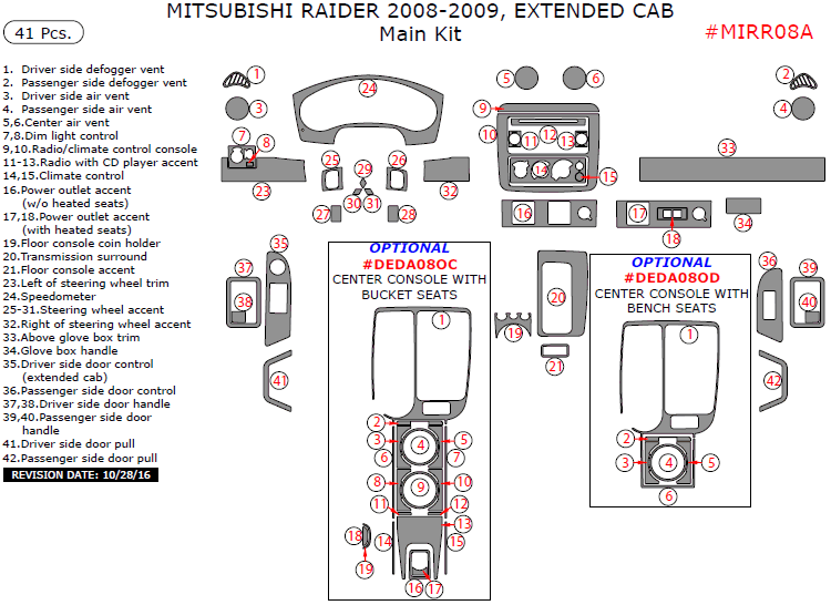 Mitsubishi Raider 2008-2009, Extended Cab, Main Interior Kit, 41 Pcs. dash trim kits options
