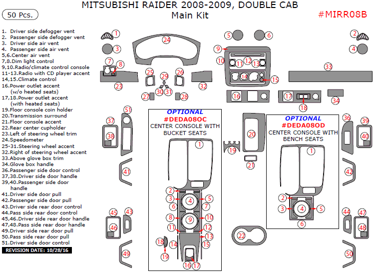 Mitsubishi Raider 2008-2009, Double Cab, Main Interior Kit, 50 Pcs. dash trim kits options