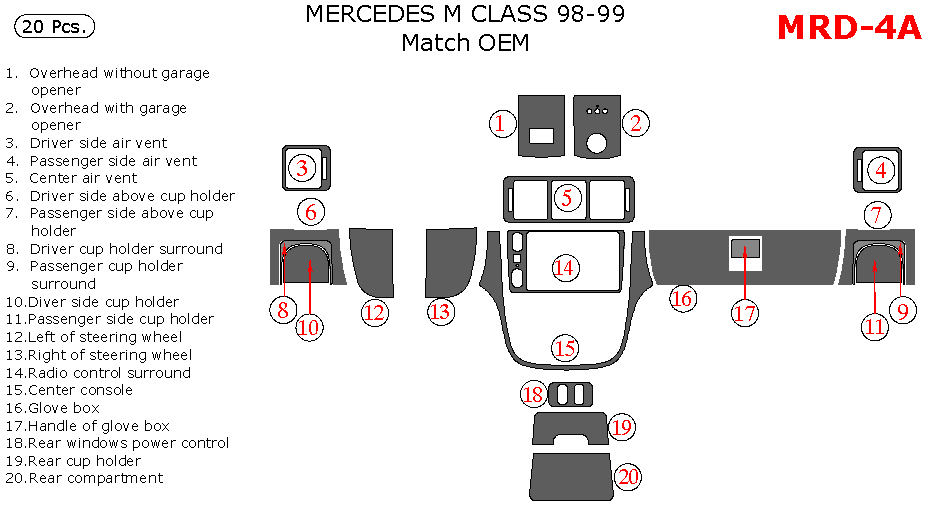 Mercedes M-Class 1998-1999, Interior Dash Kit, 20 Pcs., Match OEM dash trim kits options
