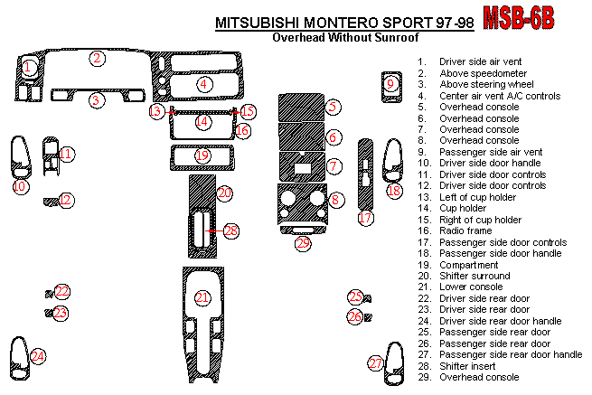 Mitsubishi Montero Sport 1997-1998, Interior Dash Kit, With Overhead, Without Sunroof, 29 Pcs. dash trim kits options
