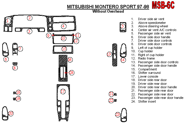 Mitsubishi Montero Sport 1997-1998, Interior Dash Kit, Without Overhead, 24 Pcs. dash trim kits options