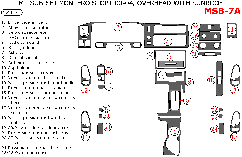 Mitsubishi Montero Sport 2000, 2001, 2002, 2003, 2004, Interior Dash Kit, With Overhead, With Sunroof, 28 Pcs. dash trim kits options