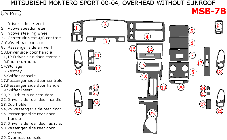 Mitsubishi Montero Sport 2000, 2001, 2002, 2003, 2004, Interior Dash Kit, With Overhead, Without Sunroof, 29 Pcs. dash trim kits options