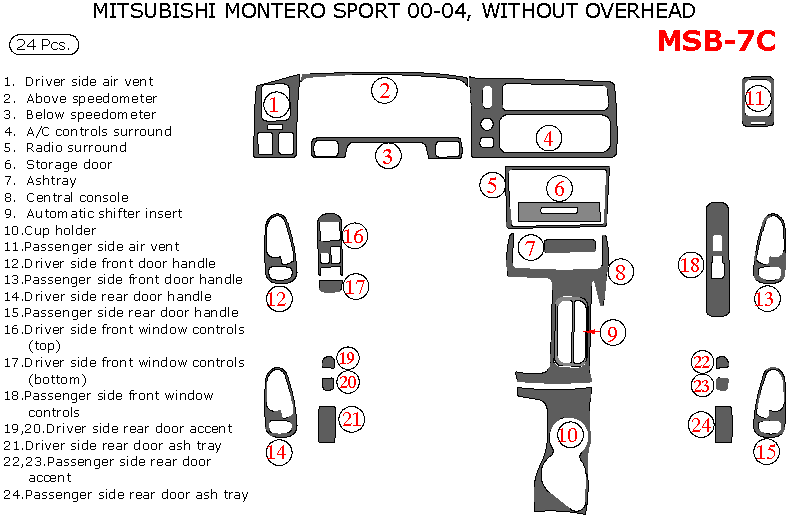 Mitsubishi Montero Sport 2000, 2001, 2002, 2003, 2004, Interior Dash Kit, Without Overhead, 24 Pcs. dash trim kits options