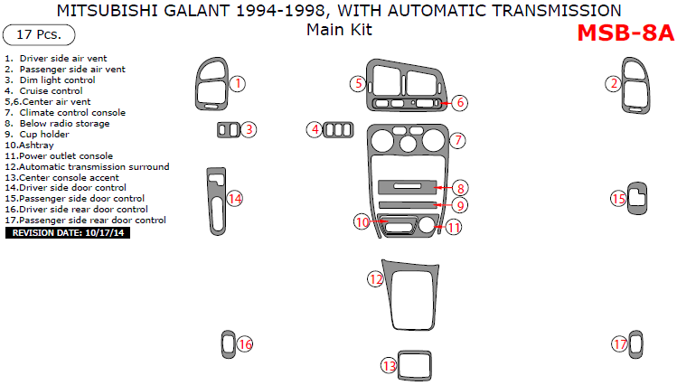 Mitsubishi Galant 1994, 1995, 1996, 1997, 1998, With Automatic Transmission, Main Interior Kit, 17 Pcs. dash trim kits options