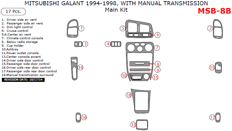 Mitsubishi Galant 1994, 1995, 1996, 1997, 1998, With Manual Transmission, Main Interior Kit, 17 Pcs. dash trim kits options
