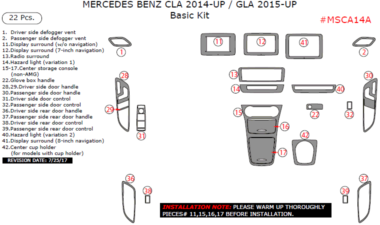 Mercedes CLA 2014, 2015, 2016, 2017, 2018, 2019 / GLA 2015, 2016, 2017, 2018, 2019, Basic Interior Kit, 22 Pcs. dash trim kits options