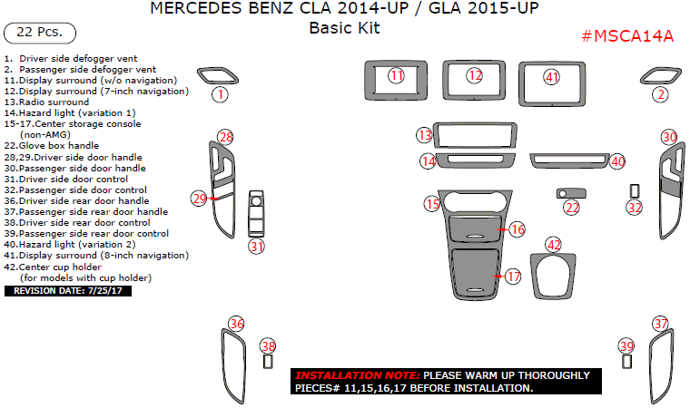 Mercedes CLA 2014, 2015, 2016, 2017, 2018, / GLA 2015, 2016, 2017, 2018, Basic Interior Kit, 22 Pcs. dash trim kits options
