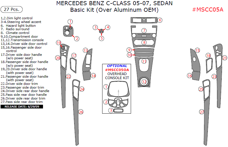 Mercedes C-Class 2005, 2006, 2007, Sedan, Over Aluminum OEM, Basic Interior Kit, 27 Pcs. dash trim kits options