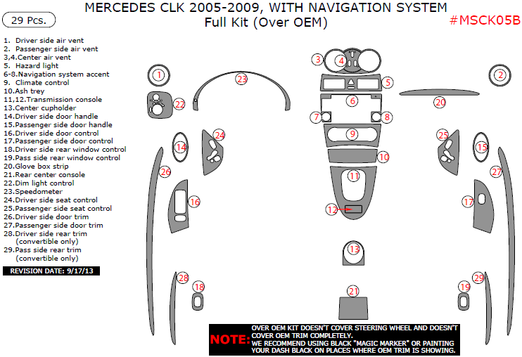 Mercedes CLK 2005, 2006, 2007, 2008, 2009, With Navigation System, Full Interior Kit (Over OEM), 29 Pcs. dash trim kits options