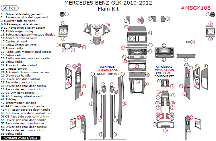 Mercedes GLK 2010, 2011, 2012, Main Interior Kit, 58 Pcs. dash trim kits options