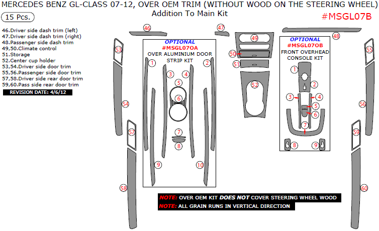Mercedes GL Class 2007, 2008, 2009, 2010, 2011, 2012, Addition To Main Interior Kit, Over OEM Trim (Without Wood On Steering Wheel), 15 Pcs. dash trim kits options