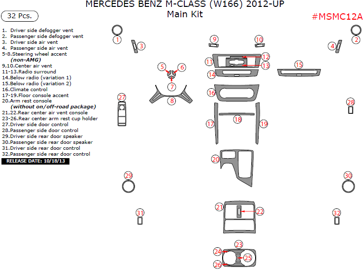 Mercedes M-Class 2012, 2013, 2014, 2015,  Main Interior Kit, 32 Pcs. dash trim kits options