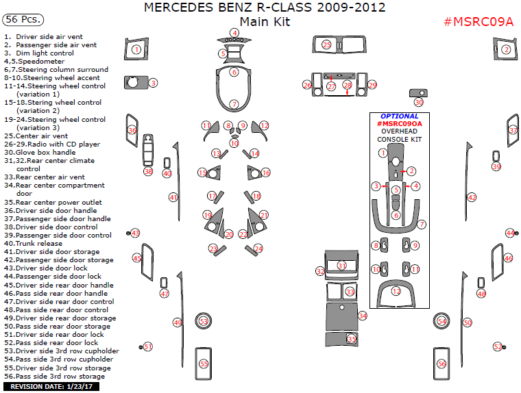 Mercedes R-Class 2009, 2010, 2011, 2012, Main Interior Kit, 56 Pcs. dash trim kits options