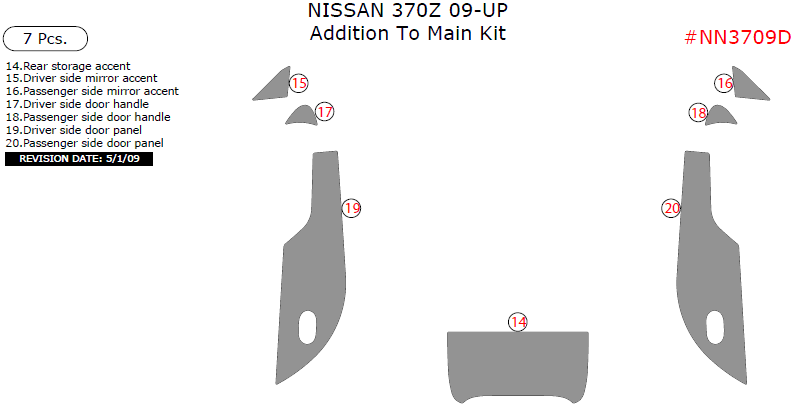Nissan 370Z 2009, 2010, 2011, 2012, 2013, 2014, 2015, 2016, 2017, 2018, Addition To Main Interior Kit, 7 Pcs. dash trim kits options
