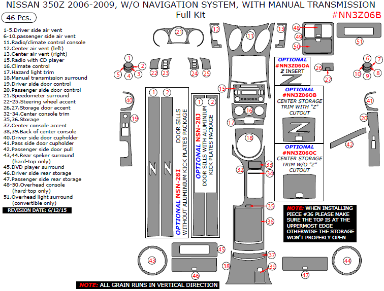 Nissan 350Z 2006, 2007, 2008, 2009, W/o Navigation System, With Manual Transmission, Full Interior Kit, 46 Pcs. dash trim kits options