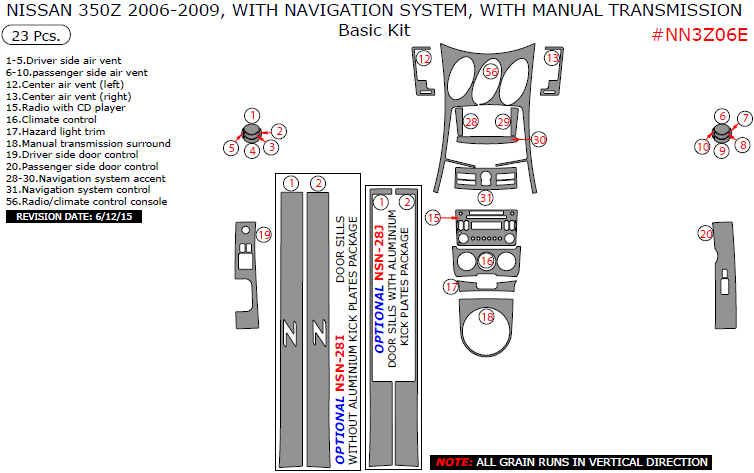 Nissan 350Z 2006, 2007, 2008, 2009, With Navigation System, With Manual Transmission, Basic Interior Kit, 23 Pcs. dash trim kits options