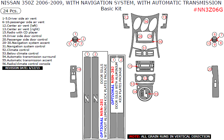 Nissan 350Z 2006, 2007, 2008, 2009, With Navigation System, With Automatic Transmission, Basic Interior Kit, 24 Pcs. dash trim kits options