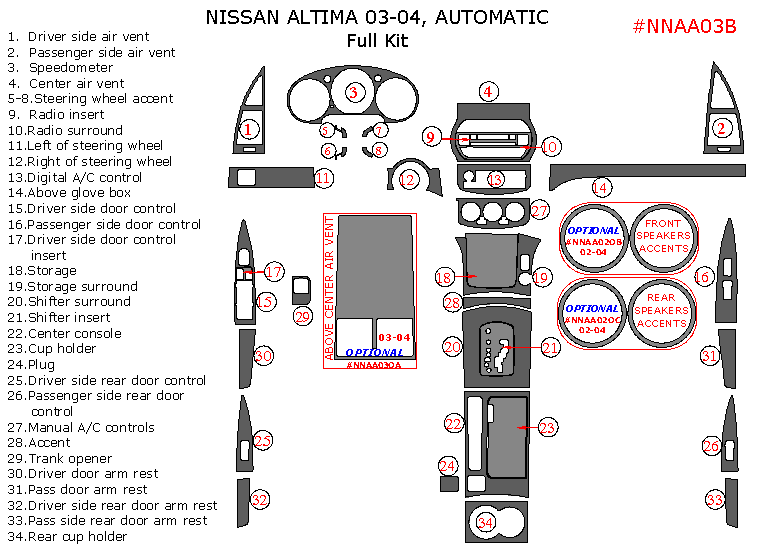 Nissan Altima 2003-2004, Sedan, Full Interior Kit, Automatic, 34 Pcs. dash trim kits options