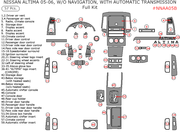 Nissan Altima 2005-2006, Sedan, Regular, Without Navigation, Automatic, Full Interior Kit, 57 Pcs. dash trim kits options