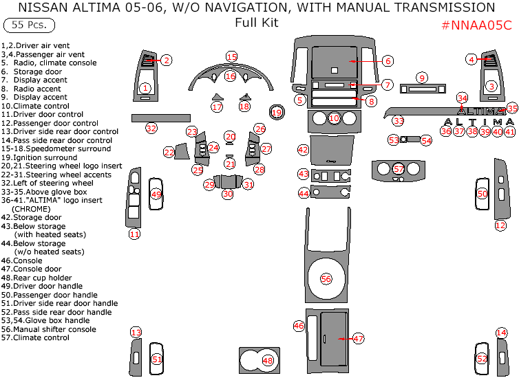 Nissan Altima 2005-2006, Sedan, Regular, Without Navigation, Manual, Full Interior Kit, 55 Pcs. dash trim kits options