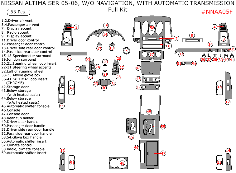 Nissan Altima 2005-2006, Sedan, SER Model, Without Navigation, Automatic, Full Interior Kit, 55 Pcs. dash trim kits options