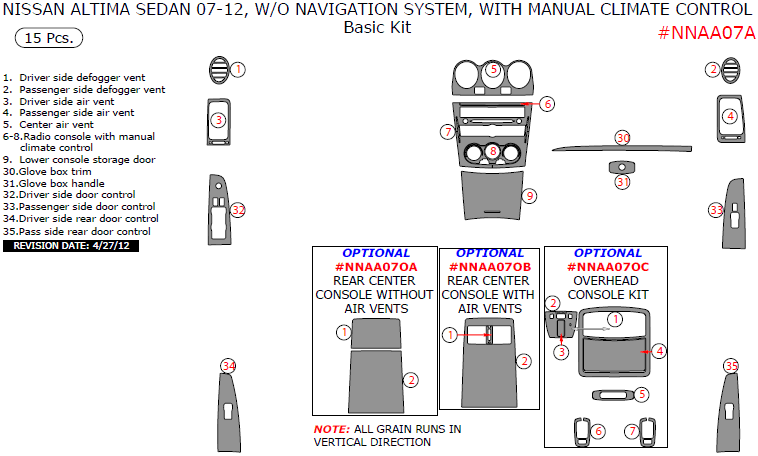 Nissan Altima 2007, 2008, 2009, 2010, 2011, 2012, Sedan, W/o Navigation System, With Manual Climate Control, Basic Interior Kit, 15 Pcs. dash trim kits options
