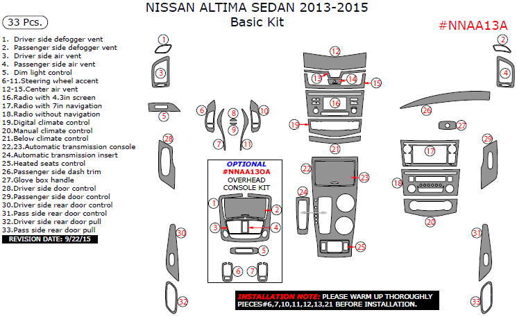 Nissan Altima 2013, 2014, 2015, Sedan, Basic Interior Kit, 33 Pcs. dash trim kits options