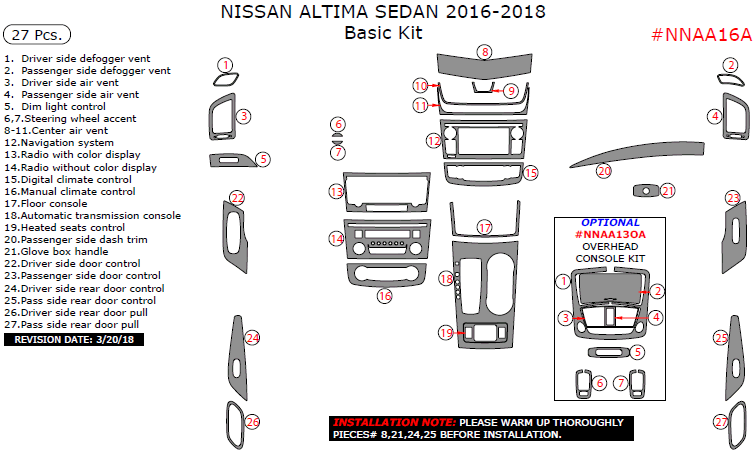 Nissan Altima Sedan 2016, 2017, 2018, Basic Interior Kit, 27 Pcs. dash trim kits options