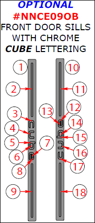 Nissan Cube 2009, 2010, 2011, 2012, 2013, 2014, Interior Dash Kit, Optional Front Door Sills With Chrome "Cube" Lettering, 18 Pcs. dash trim kits options