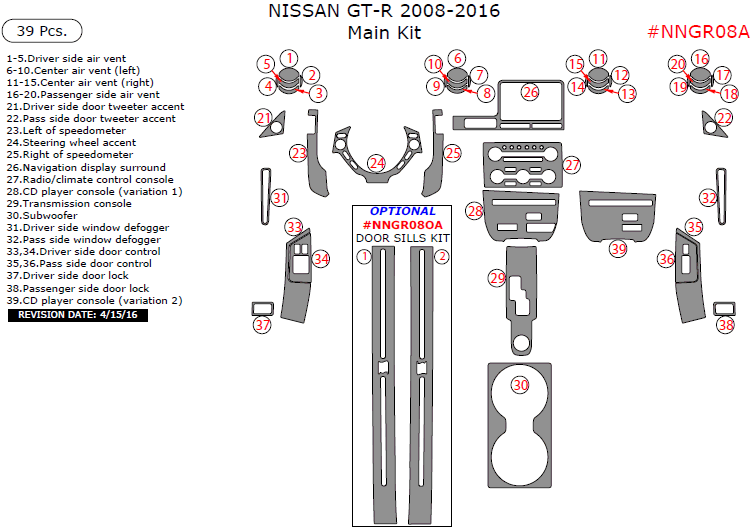 Nissan GT-R 2008, 2009, 2010, 2011, 2012, 2013, 2014, 2015, 2016, Main Interior Kit, 39 Pcs. dash trim kits options