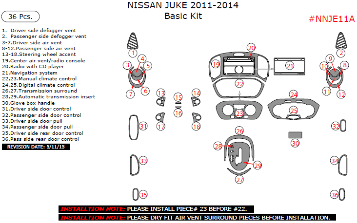 Nissan Juke 2011, 2012, 2013, 2014, Basic Interior Kit, 36 Pcs. dash trim kits options