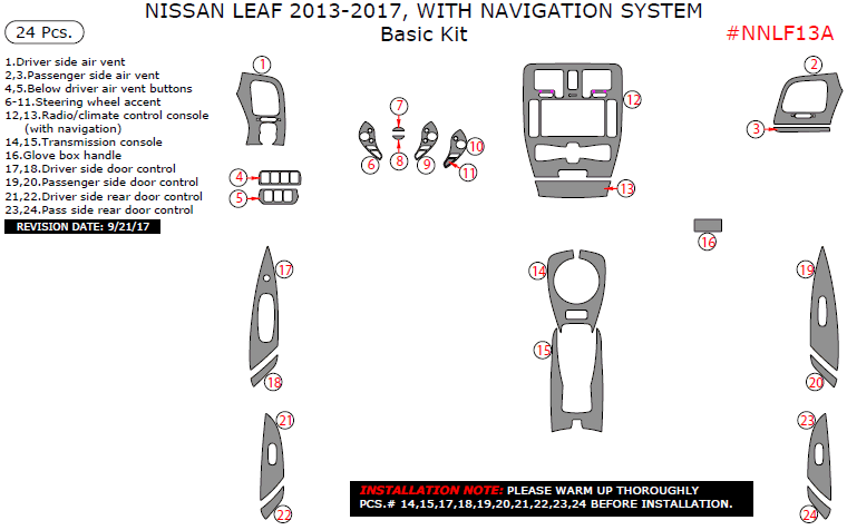 Nissan Leaf 2013, 2014, 2015, 2016, 2017, With Navigation System, Basic Interior Kit, 24 Pcs. dash trim kits options