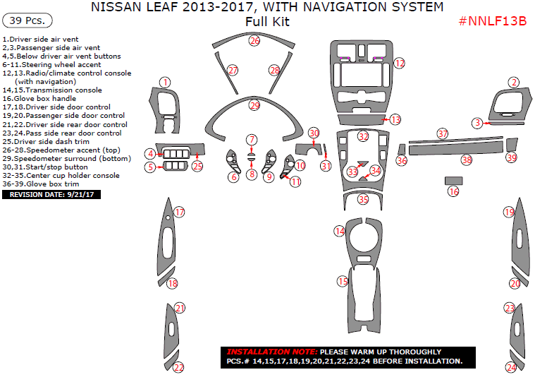 Nissan Leaf 2013, 2014, 2015, 2016, 2017, With Navigation System, Full Interior Kit, 39 Pcs. dash trim kits options
